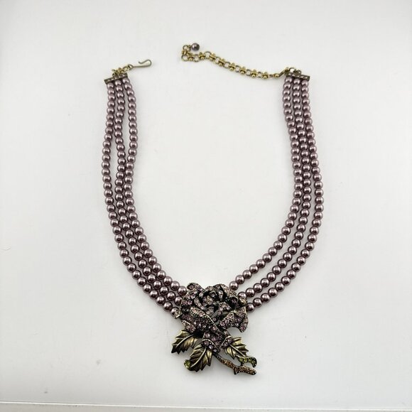 Heidi Daus Necklace Purple Blooming Rose Crystal Pearl Flower Triple Strand - Picture 8 of 13